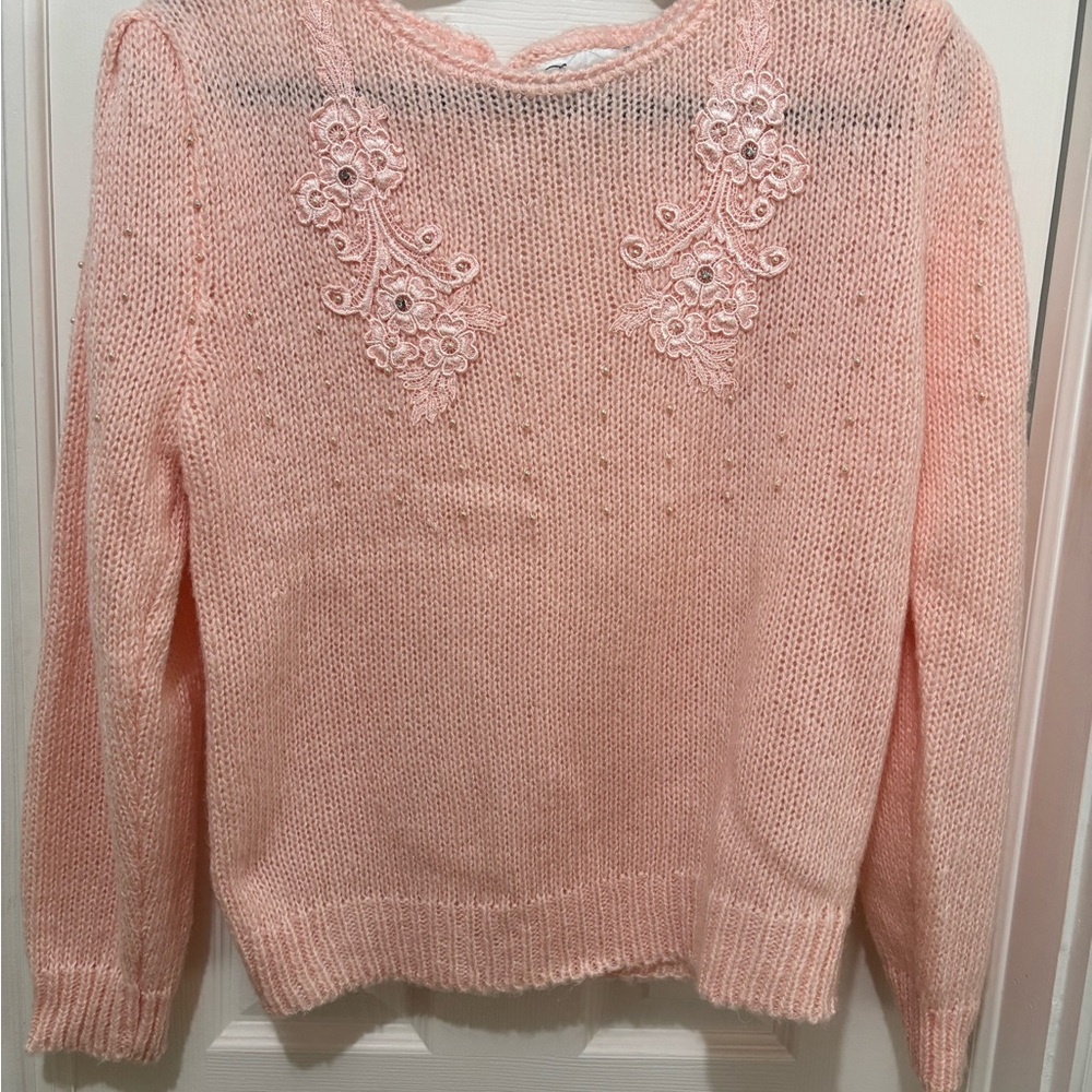 Vintage 1980s Puff Sleeve Women's Pearl & Lace Appliqué Knit Sweater